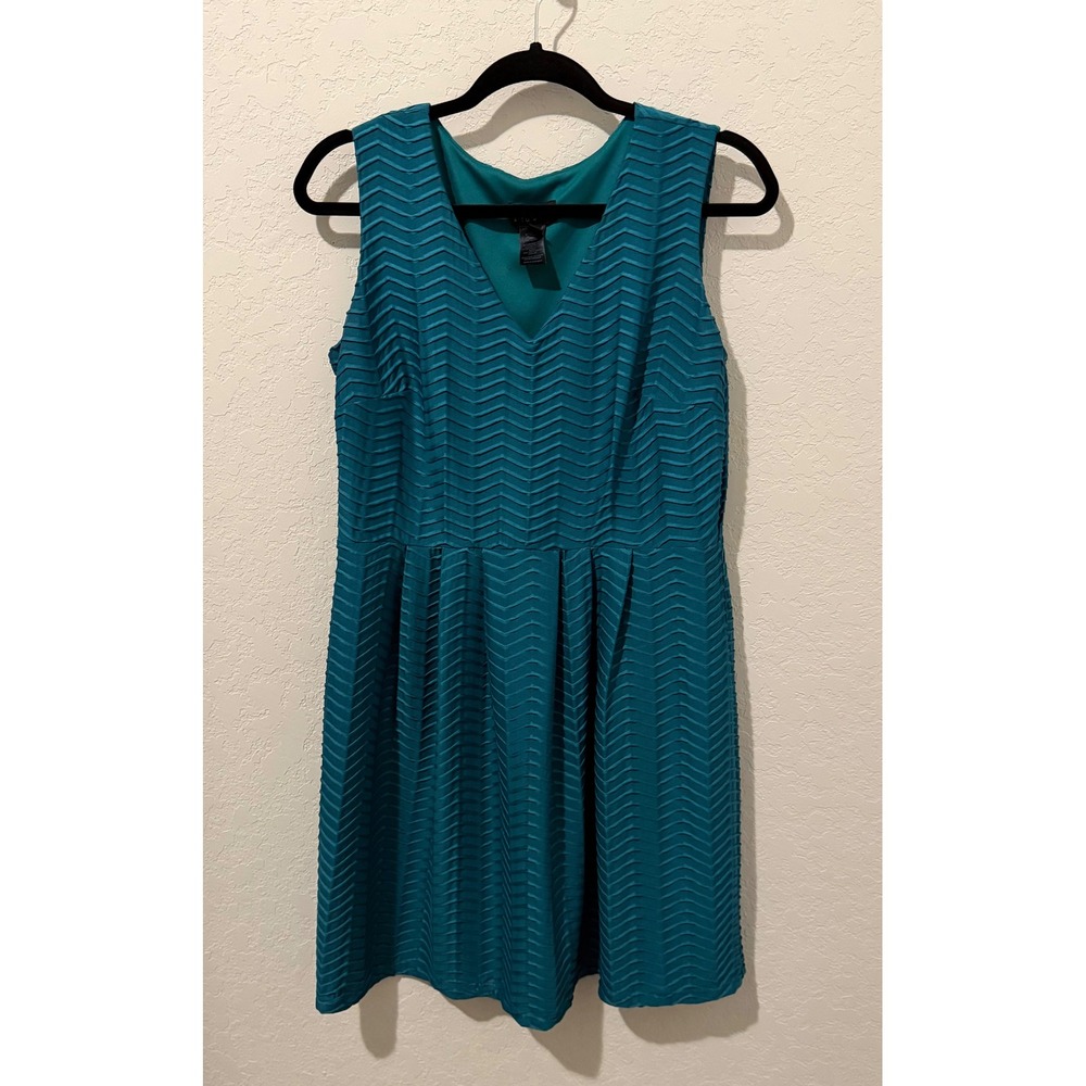 Enfocus Studio Peacock Teal Chevron Textured V-Neck Pleated Dress 12